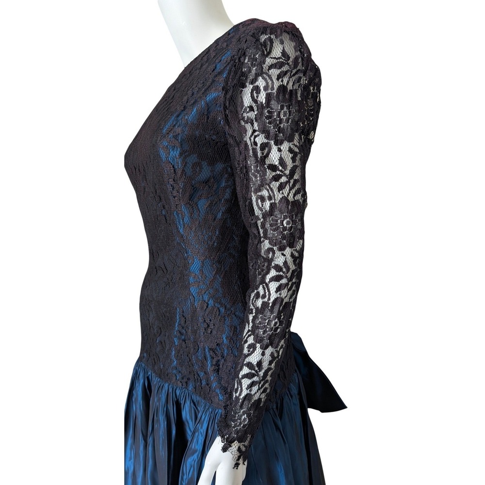 VTG 80s Drop Waist Prom Dress XS Open Back Bow Lace Taffeta Formal‎ Whimsigoth - Picture 6 of 7